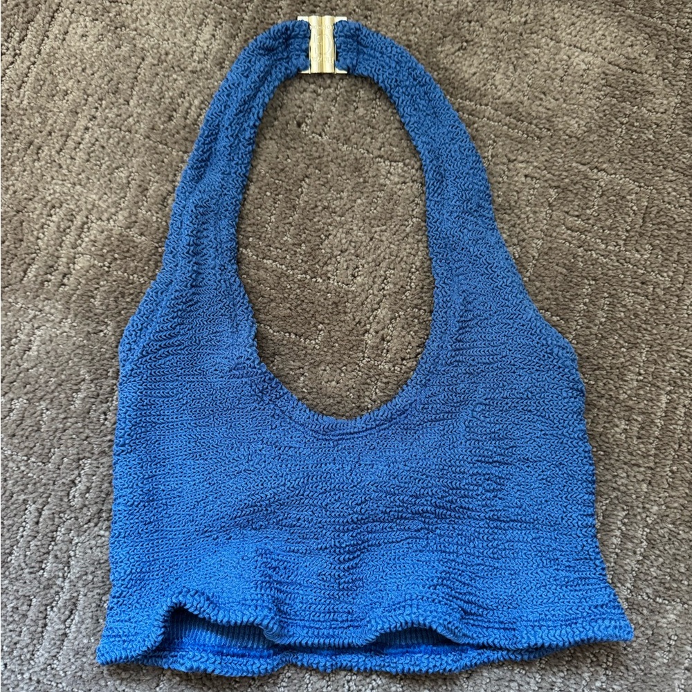 Hunza G Nova Classic Crinkle Blue Knit Halter Top
